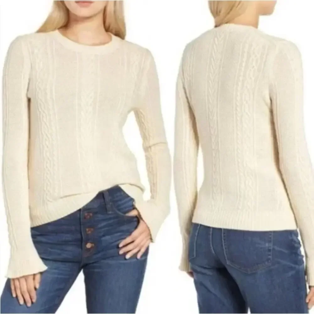 J. Crew Cable Knit Wool Bell Ruffle Sleeve Crewneck Cream Sweater Womens Size L